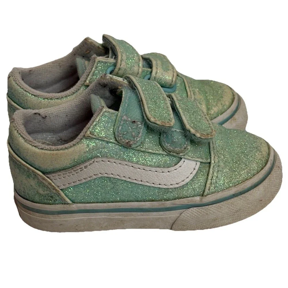 Vans Old‎ Skool V Blue Green Glitter Skate Shoe Toddler Size 5 - Play Condition